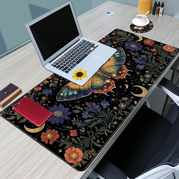 Desk Mat Large Gaming Mouse Pad (31.5x11.8 inch) with Stitched Edges, XL Mouse Pad +Coaster, Extended Mouse Mat Keybroad Mousepad Non-Slip Rubber for Gamer Men Women, Moth Moon Wild Flowers