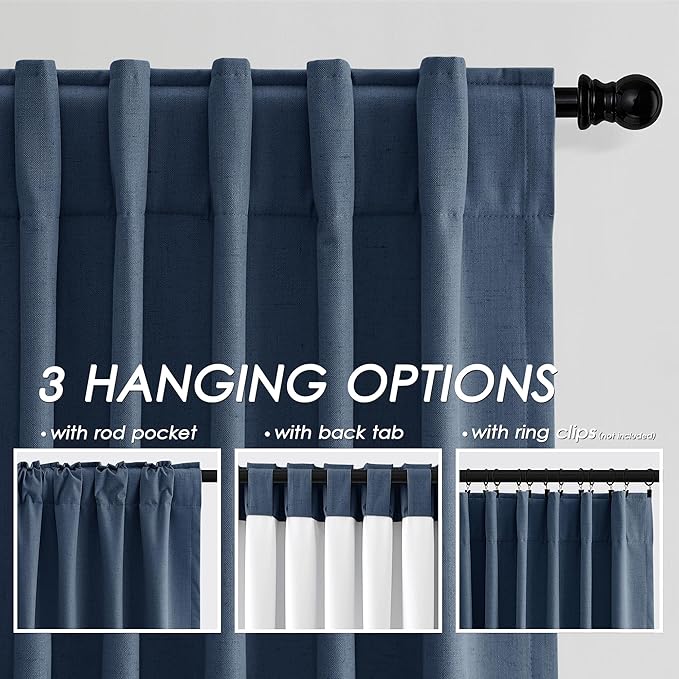 Denim Blue 108 Inches Long 2 Panel Set Linen Blackout Curtains Back Tab Pocket Cotton Texture Room Darkening Thermal Insulated Sound Proof Curtains for Bedroom Cottage High Windows 52x108