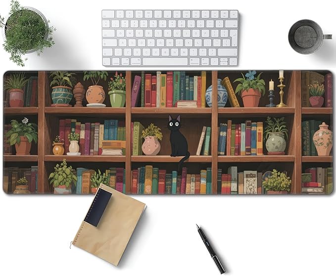 Bookshelf Cat Green Plants Large Mouse Pad, Anime Style Gaming Desk Mat, XL Keyboard Desk Pad Mat for Desktop, 31.5"x11.8" Non-Slip Base Big Mousepad with Stitched Edges