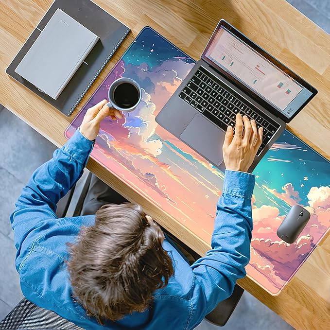 Cool Pink Desk Mat Pastel Clouds Large XXL Gaming Mouse Pad Non-Slip Rubber Base Mousepad, Office Desktop Decor Desk Pad, Computer Laptop Keyboard and Mouse Mat with Stitched Edges, 31.5x15.75 in