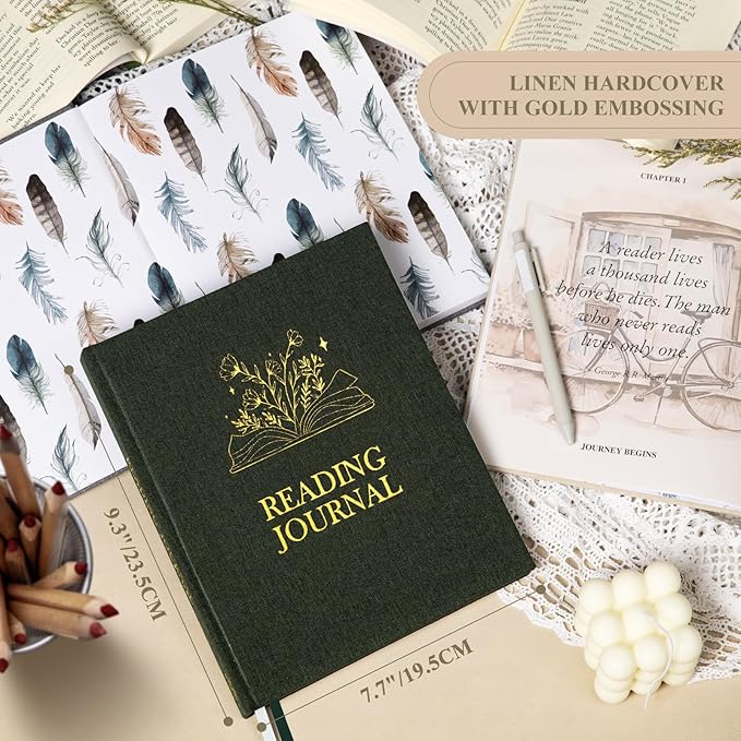 Lanpn Reading Book Journal for Book Lovers Readers, 158 Pages Linen Hardcover Books Tracker with 52 Reviews, 9.3" x 7.7" Read Log Notebook Bookish Gifts (Green)