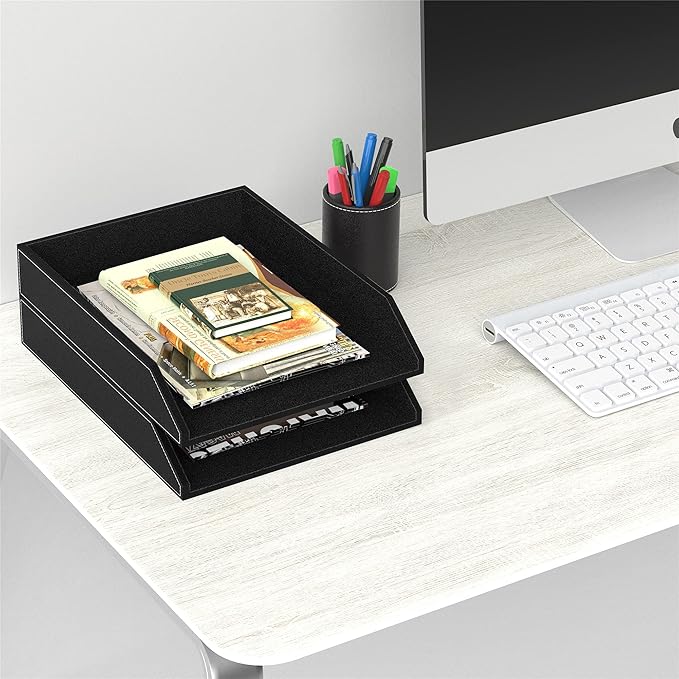 Leather Letter Tray, Thipoten Stackable Desk Organizer Holder for Office Supplies, Paper, File, Magazine, Perfect Office Organization for Desktop (Black-2Tiers)