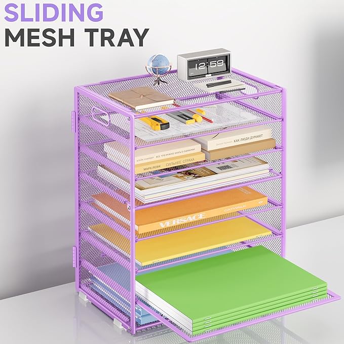 Paper Organizer with Handle Metal Mesh File Sorter for Desk Organizers Paper Letter Tray Desktop Document Sorter for Office or School 2 Pack 8 Tier Purple Desk Storage