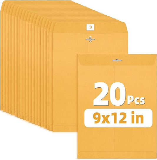 SUNEE 9x12 Clasp Envelopes 20 Count - 9x12 Inch Brown Kraft Envelopes with Clasp Closure – for Home, Office, Business, Legal or School, Great for Filing, Storing or Mailing Documents