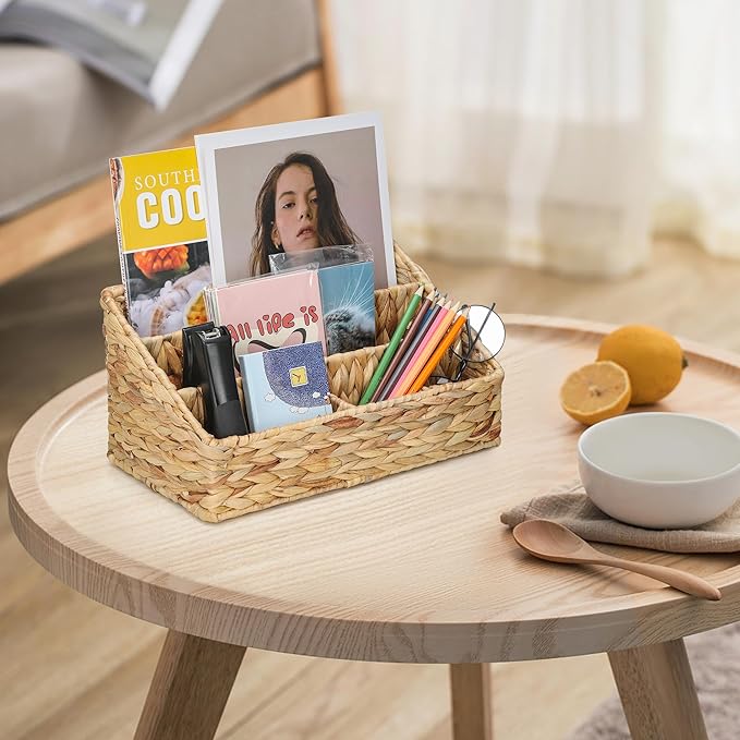 Desk Organizer – Countertop Mail Organizer, Magazine Holder, Boho Decor Water Hyacinth Desk Mail Holder for Home Office, Farmhouse, 12.6" L x 6.7" W x 6.3" H