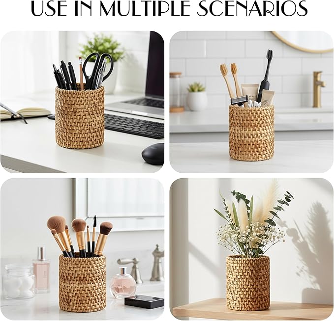 Handmade Rattan Pencil Holder, Pen Holder, Wicker Makeup Brush Holder, Makeup Holder, Pencil Cup, Desk Cup Holder, Toothbrush Cup for Small Items, Office & Home Desktop Organizer (Style B)