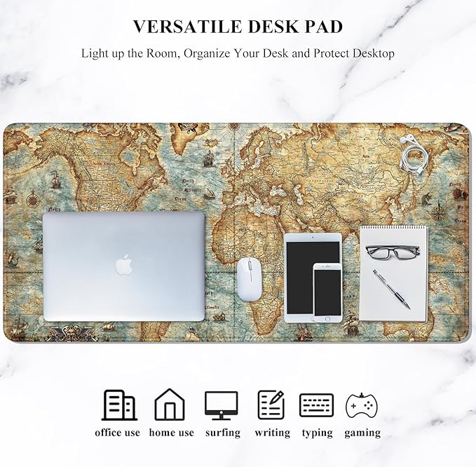 Auhoahsil Large Mouse Pad, XXL Gaming Mousepad, Desk Mat for Desktop, Thick Rubber, Big & Long Size, Stitched Edges, Full Desk Pad for Laptop & Computer, Extended 31.5 x 11.8 in, Vintage World Map