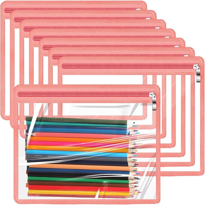 Outus 8 Pcs Clear Zipper Pouches Pencil Pouches PVC Makeup Pouch Envelopes Folder Storage Multi Purpose Document File Organization Bags, Office Supplies (Champagne Edging,9.8 x 8 Inches)