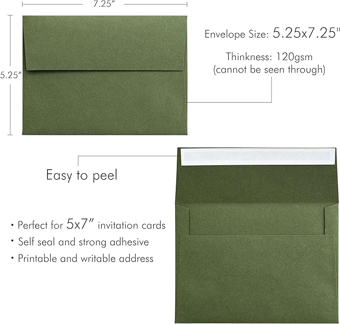 PONATIA 50 PCS 5x7 Envelopes, Olive Green Self- Adhesive A7 Envelopes for Weddings, Invitation Cards, Photos, Postcards, Greeting Cards Mailing, Baby Shower, Graduation, Christmas Gift Cards