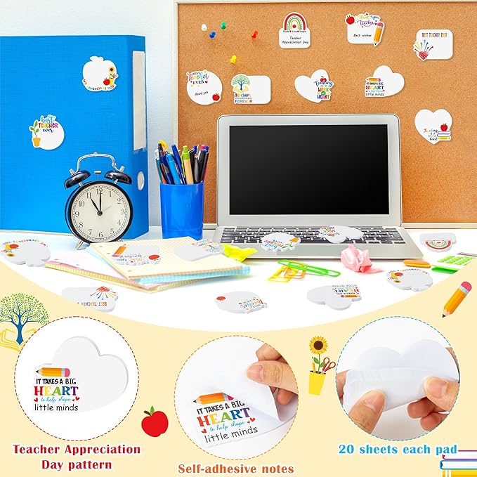 CJiangpo 30Pcs Teacher Sticky Notes Pads, Thank You Teacher Appreciation Gifts 600 Sheets Self Stick Notepad Memo Pads Teaching is A Work of Heart Page Marker School Office Supplies Party Favor Filler