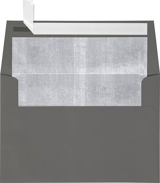 LUXPaper A4 Foil Lined Invitation Envelopes | Peel & Press | 4 1/4" x 6 1/4" | Smoke w/Silver LUX Lining | 80lb. Text | 50 Qty