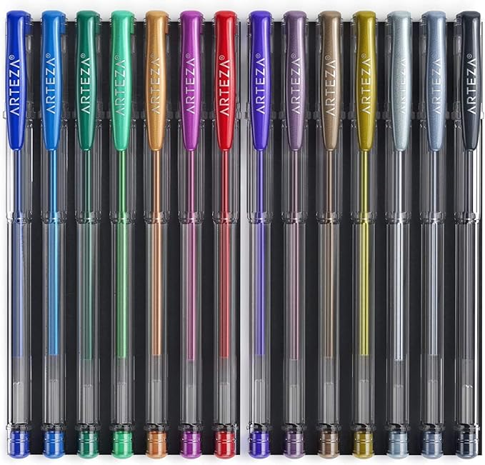 ARTEZA Metallic Gel Pens Colored with Triangular Grip, 14 Colors Gel Markers for Adult Coloring