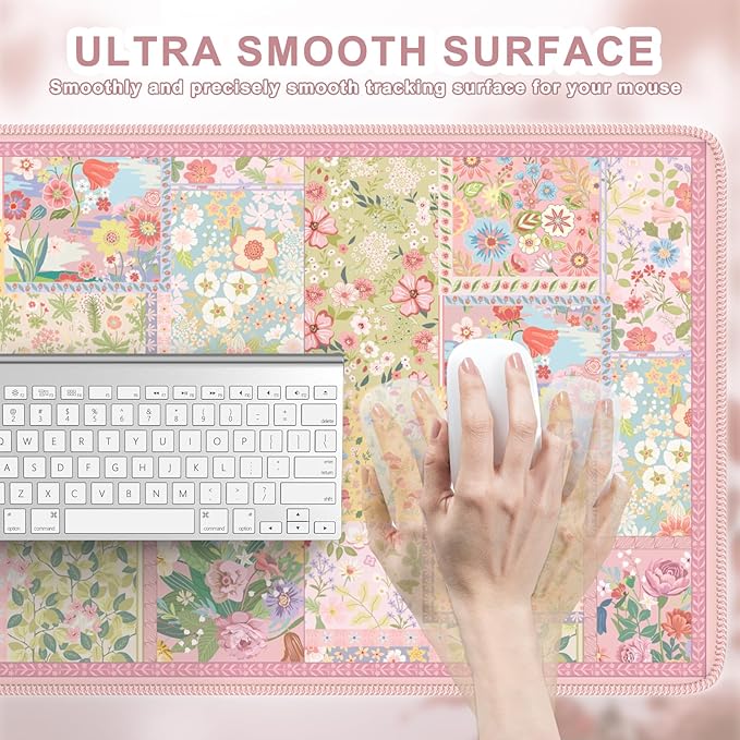 HAOCOO Cute Pink Desk Matt for Desktop, Floral Mouse Pad with Stitched Edge, Desk Protector Mat with Non-Slip Rubber Base, 35.4” x 15.7" Largr Computer Pad for Women Office