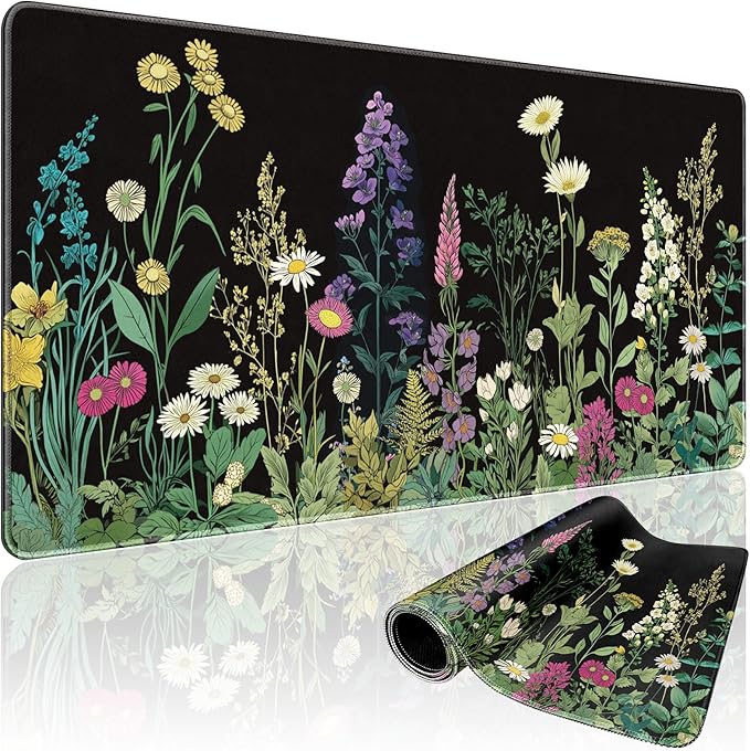 Wildflower Black Large Gaming Mouse Pad 31.5"x15.7"｜ XXL Desk Mat, Non-Slip Rubber Base & Stitched Edges - Extended Waterproof Mousepad for PC/Laptop/Office/Home Decor