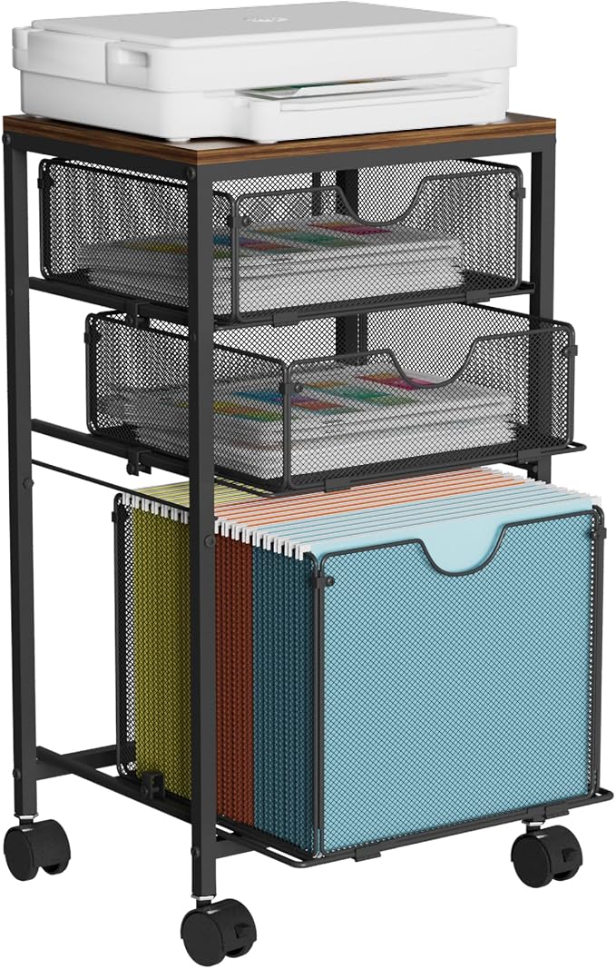 Rolling File Cart with 3 Storage Drawers, Wood & Mesh Hanging File Folder Organizer with Wheels Under Desk, File Cabinets for Home Office, 11.81" D x 14.8" W x 25.39" H, Black