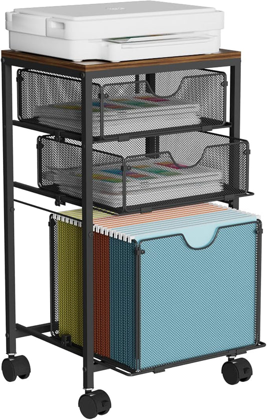 Rolling File Cart with 3 Storage Drawers, Wood & Mesh Hanging File Folder Organizer with Wheels Under Desk, File Cabinets for Home Office, 11.81" D x 14.8" W x 25.39" H, Black