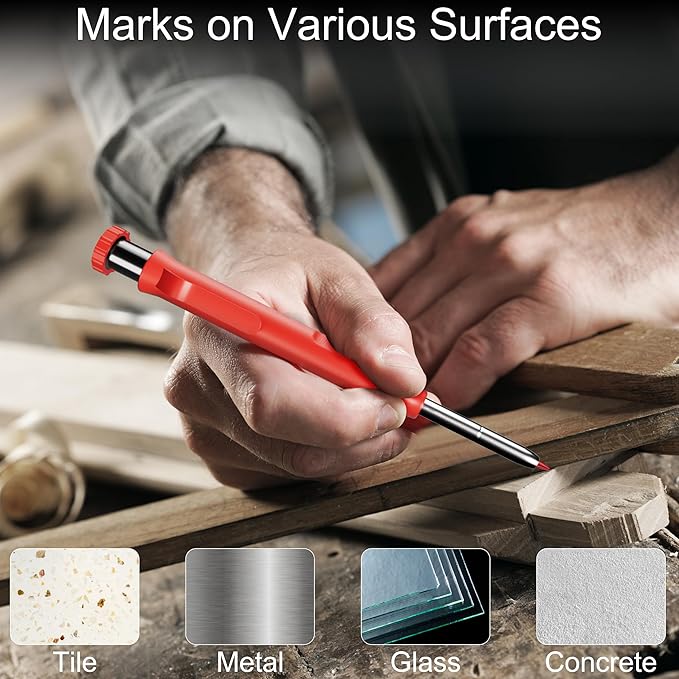 HAUTOCO Mechanical Carpenter Pencils Set with Sharpener & 26 Refills for Construction, Solid Deep Hole Marker Heavy Duty Woodworking Tools Mechanical Pencils for Architect with Case (Black, Red)