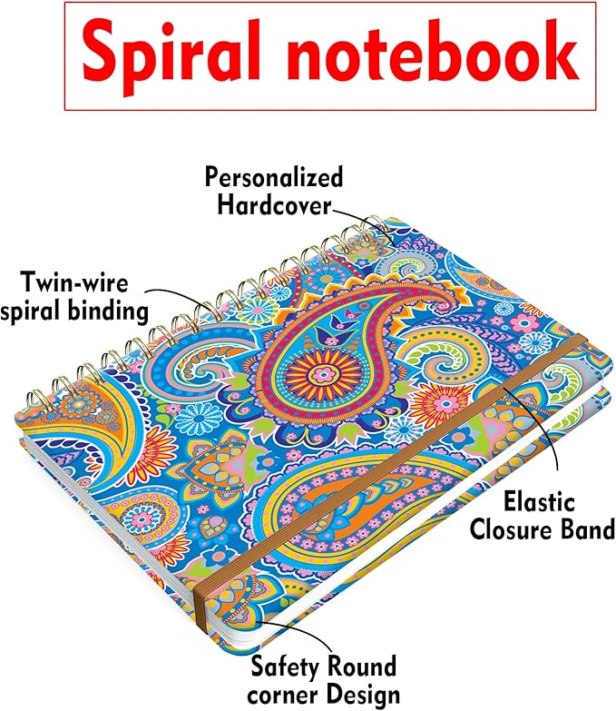 Spiral Journal Notebook for Women, Hardcover A5 College Ruled Notebook, 120 Pages, Thick Paper, Cute Lined Journal for School, Office & Work, 6 x 8.4 in(Colorful Paisley)