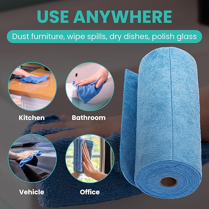 Microfiber Cleaning Cloth Roll, Reusable Tear Away Towels, Ultra Absorbent Dish Rags for Car, Home, Garage (Blue 200 GSM Thickness)