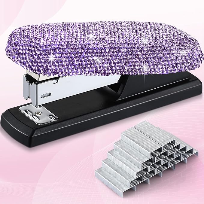 Yexiya Bling Crystal Stapler Gift Sparkly Diamond Stapler for Desk Handmade Clay Rhinestone Machine Pretty Office Stationery Kit Stylish Accessory for Women Lady Christmas(Purple)