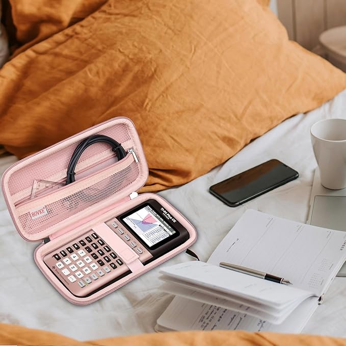 BOVKE Hard Travel Case for Texas Instruments TI-84 Plus CE/TI-84 Plus/TI-83 Plus CE/TI-83 Plus/Casio fx-9750GIII Graphing Calculator, Mesh Pocket for USB Cables, Manual, Pens, Accessories, Rosegold