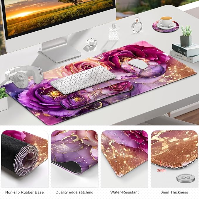 Gaming Mouse Pad, Large Desk Mat, Cute Desk Pad Protector, 4in1 XXL Mousepad + Keyboard Wrist Rest+Mouse Wrist Rest+Coaster Set with Ergonomic Desk Pad for Home Office PC, Marble Rose Purple Flowers