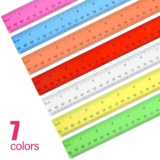 Clear Plastic Straight Ruler, 12 Inch, Bulk Assorted Colors, Shatterproof with Inches and Centimeters for School, Home, or Office (8 Pack)