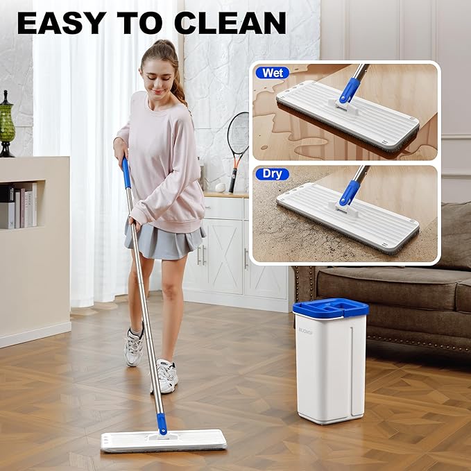 BEJOMOP Mop and Bucket Set with Wringer, Squeeze Wall Mop Cleaner with Long Handle, Flat Mop and Bucket System, Dry & Wet Dust Mops for Household Floor Cleaning with 3 Microfiber Mops, Slate Blue