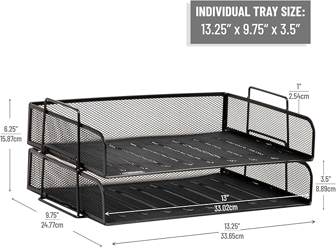 Mind Reader Stackable Paper Tray, Desktop Organizer, File Storage, Office, Metal Mesh, 13.25" L x 9.75" W x 6.25" H, 2 Pcs., Black