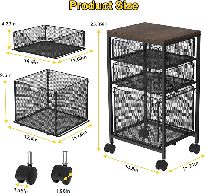 Rolling File Cart with 3 Storage Drawers, Wood & Mesh Hanging File Folder Organizer with Wheels Under Desk, File Cabinets for Home Office, 11.81" D x 14.8" W x 25.39" H, Black