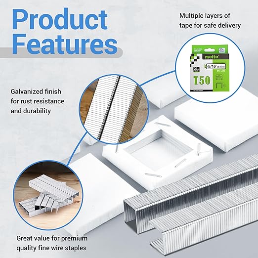 meite T50 Heavy Duty Staples, 5/16 Inch Galvanized T50 Staples for Staple Gun, 20 Gauge 3/8 Inch Crown Staple for Upholstery, Construction, Furniture (1 Case)