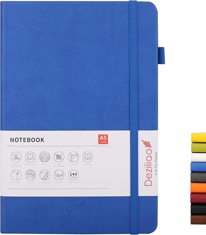 Deziliao Lined Journal Notebooks with Pen Loop, Hardcover Notebook Journal for Work, 100Gsm Premium Thick Paper with Inner Pocket, Medium 5.7"x8.4", （Blue, Ruled）