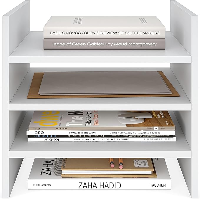 Ballucci 4-Tier Paper Sorter and File Organizer for Desk, Wood Mail Sorter, Fits into IKEA Kalax and ClosetMaid Cube Storage Shelves, Paper Tray, Mail Holder Stand for Classroom, Office, White