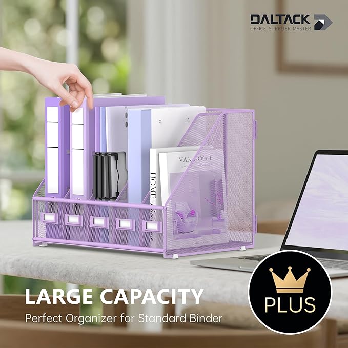 DALTACK Desk Organizers Metal Magazine File Holder with 5 Vertical Compartments Folder Storage Binder Organizer for Office Home School Organization, Purple Plus