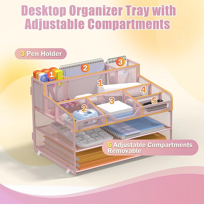 Docnest 3 Tier Mesh Desk Organizer for Paper Office Supplies – Multi-Functional Letter Tray with 5 Adjustable Compartments, 3 Pen Holders, Desktop Storage for Files, Mail, Stationery – Pink