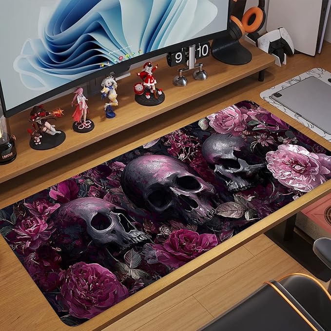 Gothic Skulls and Roses Artistic Mouse Pad – 31.5" x 11.8" Large Extended Desk Mat with Dark Floral Design – Perfect for Gothic, Victorian, and Alternative Aesthetics