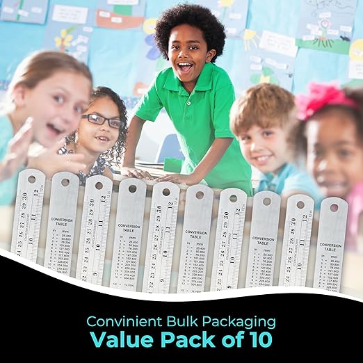 NOKKO Metal Ruler 12 Inch - Pack of 10 - Measuring Set of 12-Inch / 30 cm Stainless Steel Rulers with Imperial & Metric Measurements & Conversion Table - Metal Straight Edge Ruler for Cutting