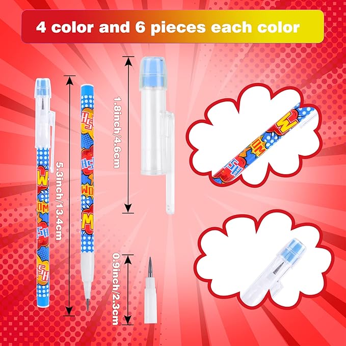 Kolewo4ever 48 Pieces Hero Text Theme Set:24Pcs Translucent Pencil Multipoint Non Sharpening Stackable Pencils 24Pcs Mini Spiral Notepad Memo Pad Pocket Notebooks
