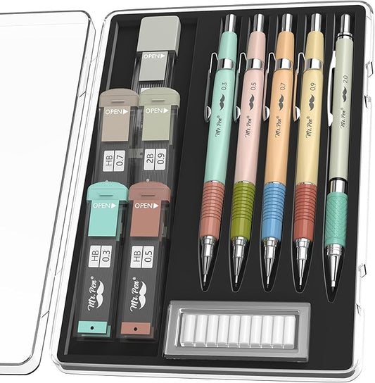 Mr. Pen- Mechanical Pencil Set, 5 Sizes, 0.3, 0.5, 0.7, 0.9, 2mm, Anti Skidding Grip Cute Mechanical Pencils
