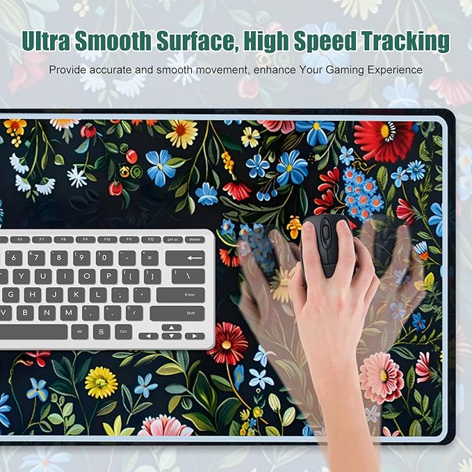 Desk Mat, Large Mouse Matt for Desktop, Women Deskpad Mat, XXL Big Mouse Pad for Desk, Anti-Slip Mousepad with Stitched Edges, Keyboard Pad Mouse Mat Cover for Computer 35.4×15.7 in, Bright Flower