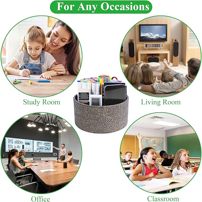 lizimandu Remote Control Holder, 360°Spinning PU Leather Desk TV Remote Caddy,Desk Storage Box Room Accessories for Controller, Media,Mail,Calculator, Mobile Phone,Pencil(1B-Carved Cooper Gold)