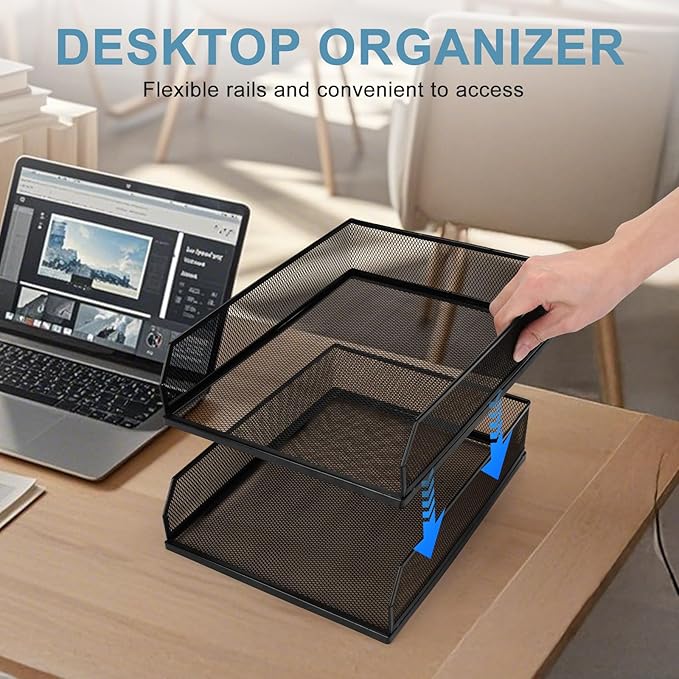 Stackable Paper Tray Organizer for Desk,Metal Mesh Wire Letter Tray, Letter Trays Organizers, Front-Load Paper Holder Storage for Office, School, Home,2 Pcs