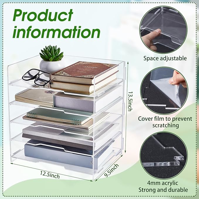 5 Tiers Acrylic Paper Organizers Office Desk Organizers and Accessories Paper Organizer for Desk Clear Office Organization and Storage for School Desktop Organization(1 Pcs,13.58 x 12.6 x 9.45 Inch)