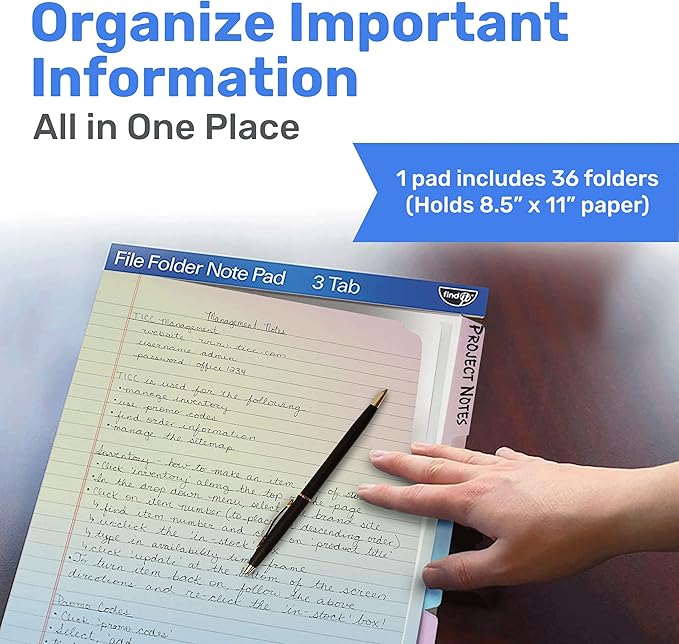 Find It File Folder Notepad - Pack of 36-9.5 x 12.5 Inch Notebook Organizer Folders for Filing, Document, and Clipboard Organization - Rainbow