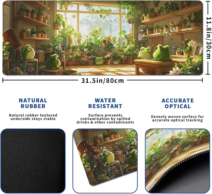Cute Frogs Green Mouse Pad Abstract Green Mouse Pad 31.5x11.8 Inch Frog Texture Non-Slip Rubber Base Large Mousepad Stitched Edges Keyboard Mouse Mat Desk Pad for Office and Home
