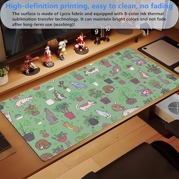 Cat Mouse Pad Green Desk Mat XXL Large Gaming Mousepad Sage Green Mouse Pads Cute Kawaii Bohemian Computer Mat Keyboard and Mouse Pad Office Desk Decor 31.5 x 15.7 in