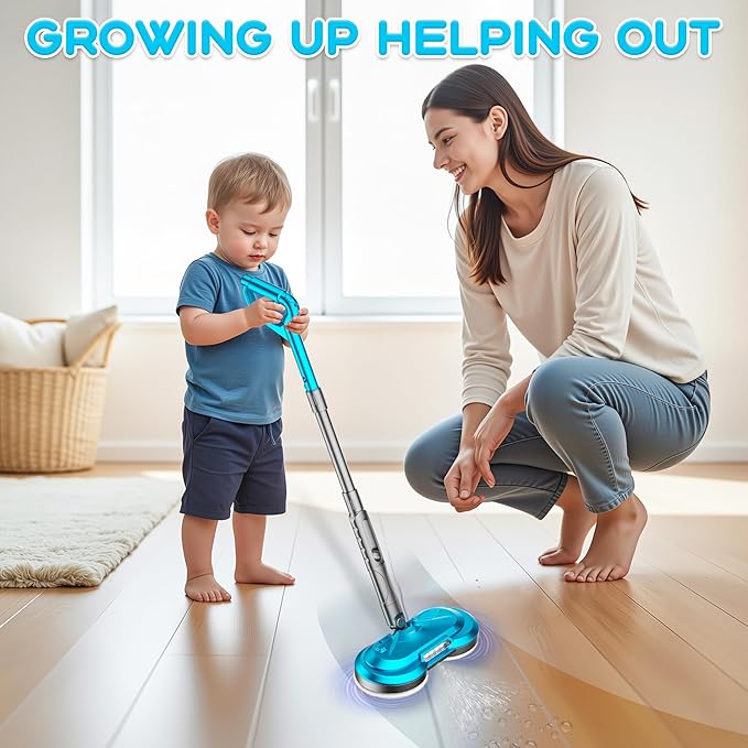 BLAXTEM Kids Toy Electric Spray Spin Mop, Rechargeable Cordless Electric Mop W/ Water Sprayer & LED Headlight for Children Ages 3 4 5 6+ Boys & Girls, Cleaning Toy for Pretend Play (Blue)
