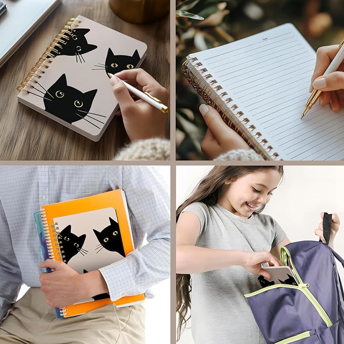 Cute Spiral Notebook journal A5 Aesthetic Pretty Floral Design for Women Girls Kawaii with Pocket, 8.5 x 5.7 inch, Black Cat