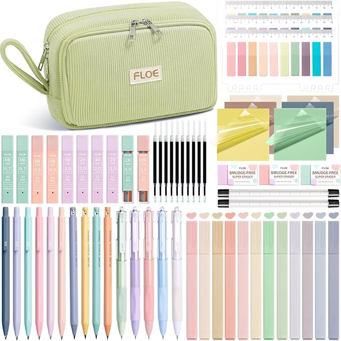 62PCS Aesthetic School Supplies, Cute Back to School Supplies College Essentials Preppy Stationary Set with Large Pencil Pouch Case, Pastel Highlighters Gel Pens Mechanical Pencils for Student Girls
