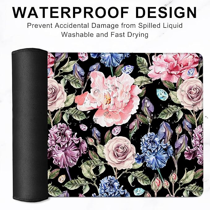 Gaming Mouse Pad, Watercolor Rose Peony and Iris Flower Large Desk Mat for Keyboard and Mouse,Non-Slip Rubber Base and Stitched Edges Desk Pad for Home Office 35.4x15.7in